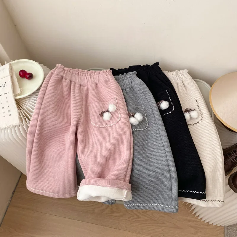 Girls Pile Pants Autumn and Winter Wear One-piece Velvet Casual Pants for Baby Girls with Thick and Warm Wide-leg Pants