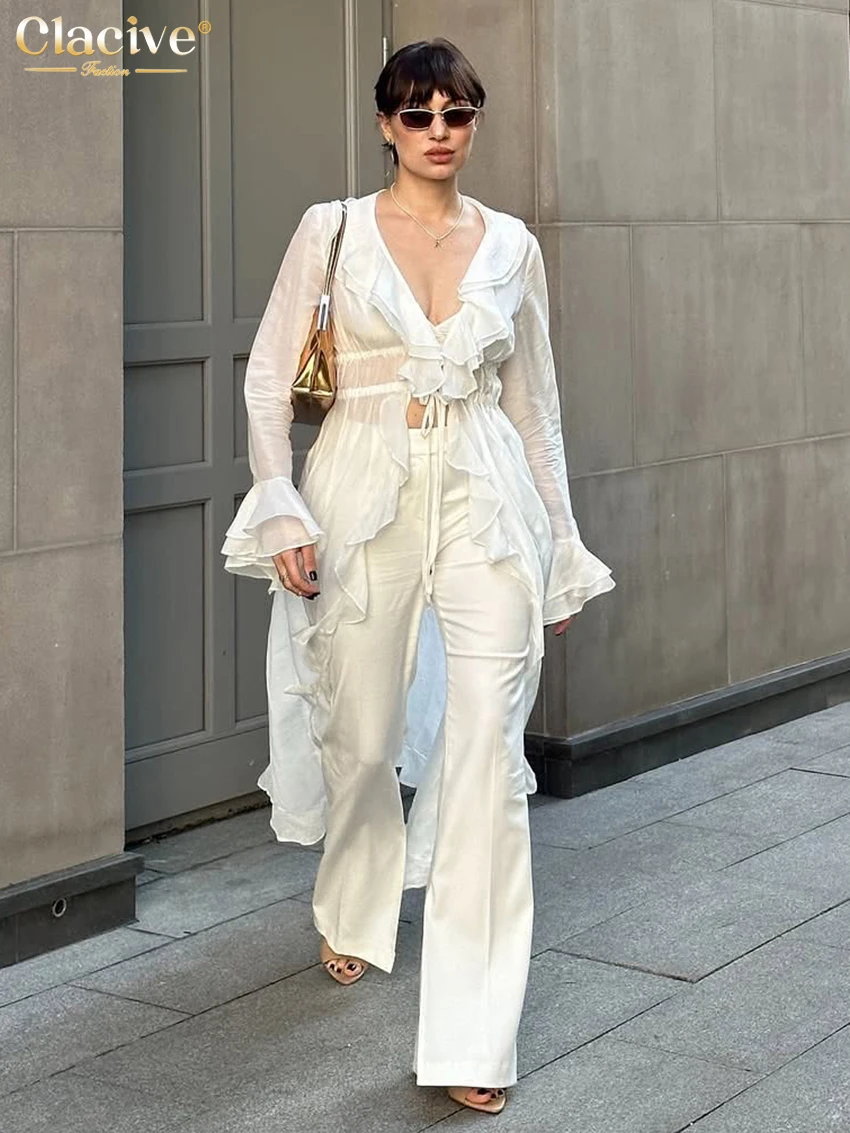 

Clacive Sexy Loose White Women's Shirt Spring V-Neck Long Sleeve Lady Shirts Elegant Ruffles See Through Top Female Clothing