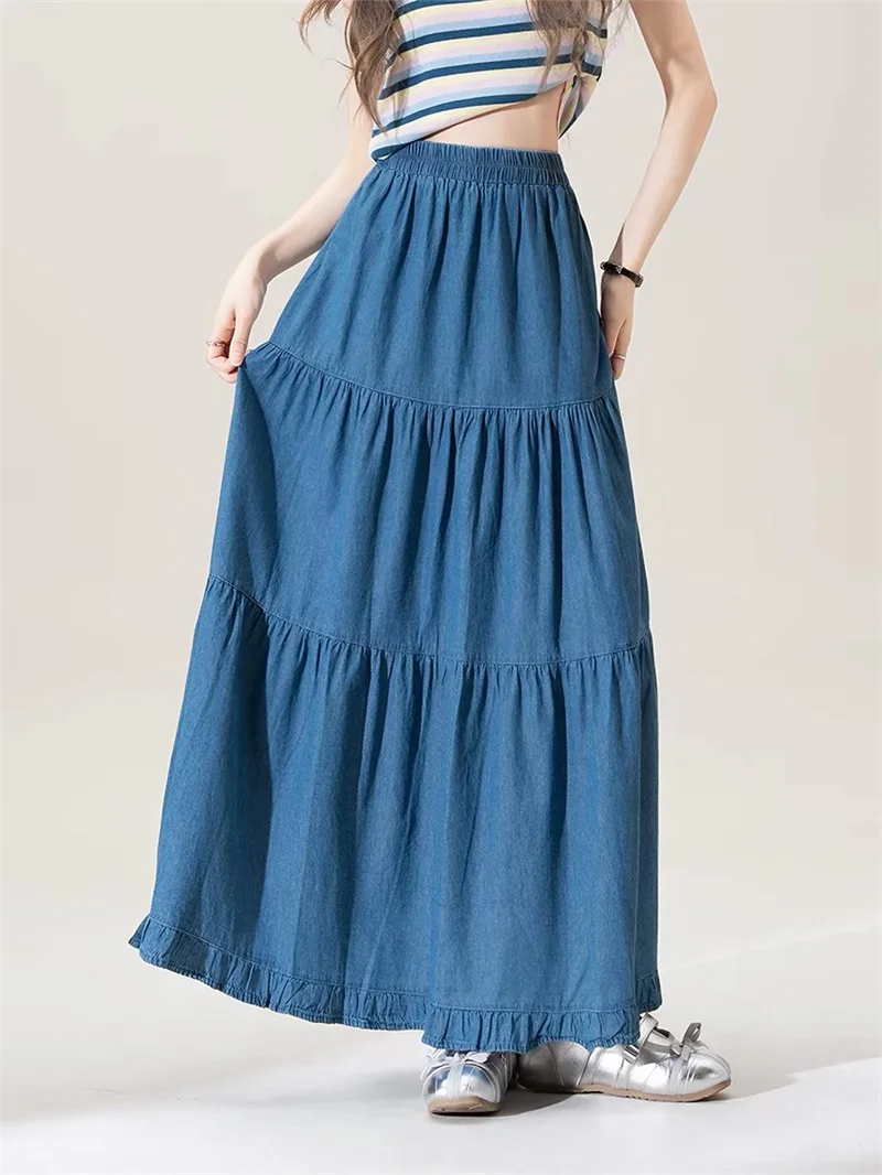 Women's High Elastic Waist Long Denim Skirt Korean Style Streetwear Casual Blue Maxi Jeans Skirt plus Size Cake Skirt