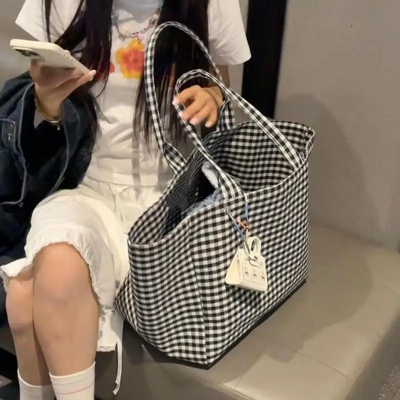 Canvas Tote Bag For Women Large Capacity Striped Plaid Polka Dot Shoulder Bag Reusable Shopping Handbag For Work Travel Beach