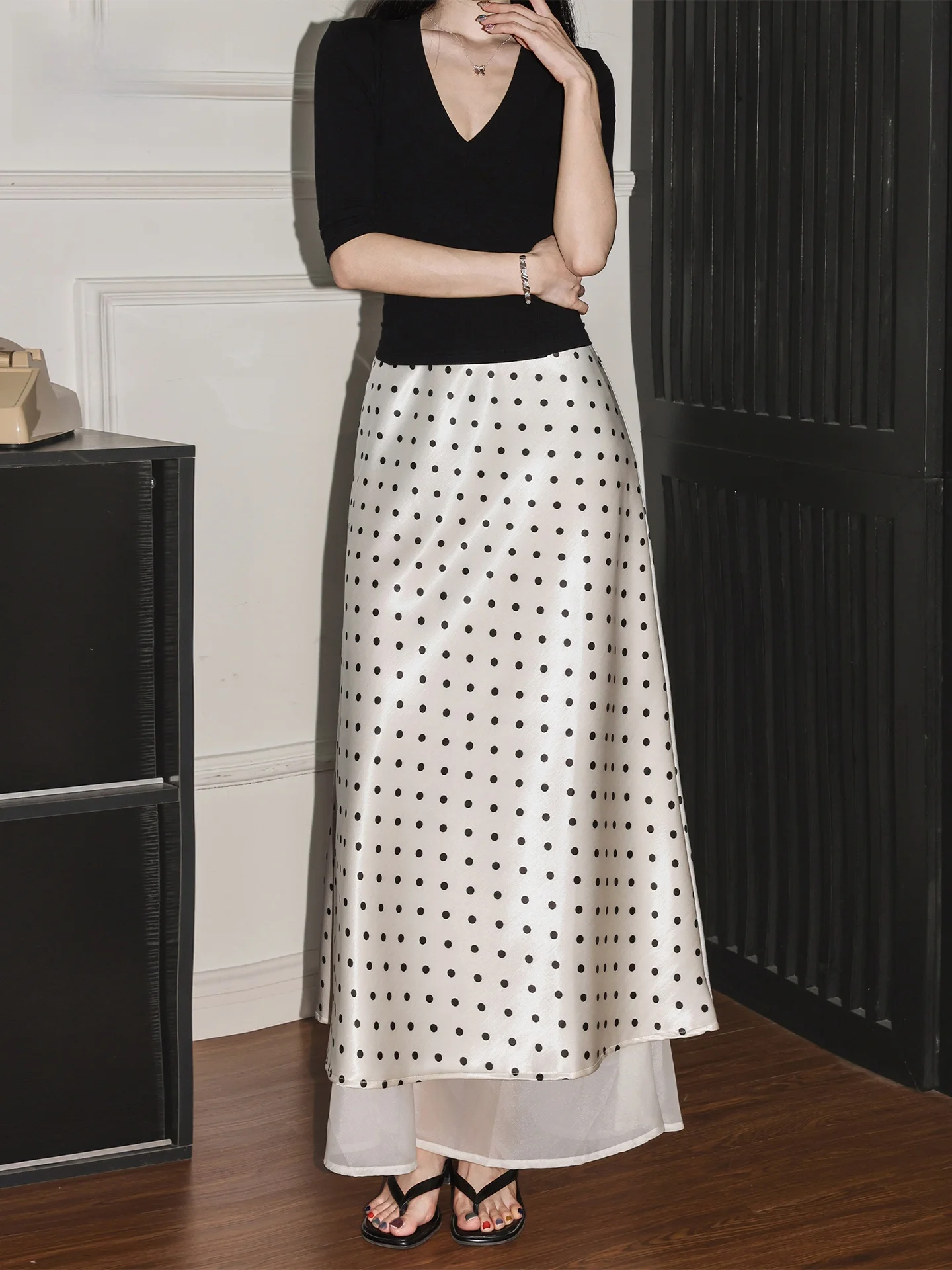 

Acetate Satin Mesh Panel Polka Dot Halter Skirt Women's Summer High Waist Draped Wrap Fish Tail Long Skirt Casual Style