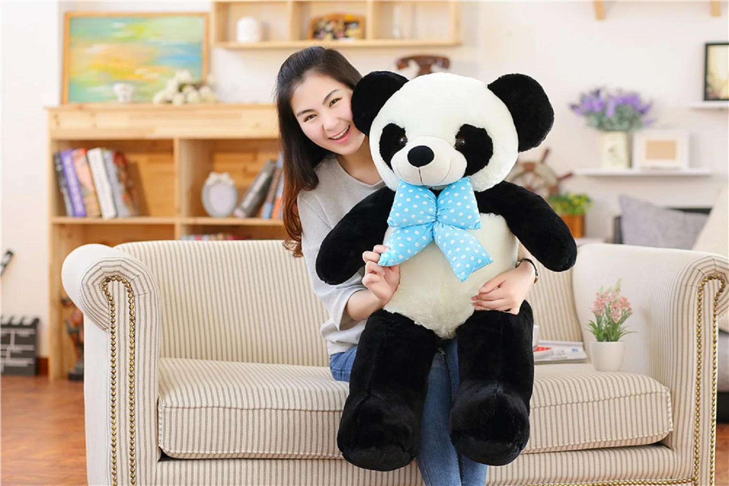 

new plush blue bow panda toy lovely big panda doll gift about 100cm 0600