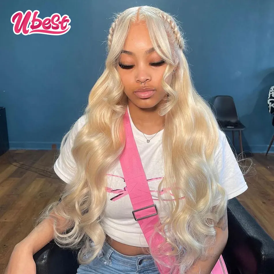 Perruque Lace Front Wig Body Wave brésilienne Remy, cheveux 613 naturels, couleur rose pêche, 13X6, densité 100%