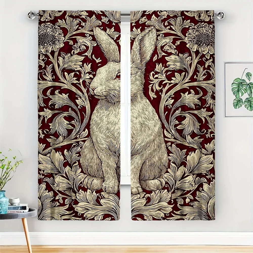 2pcs Victorian Rabbit Curtain No Rod Cream Hare in Ornate Crimson Floral Scrollwork, Botanical Illustration Elegant Home Decor