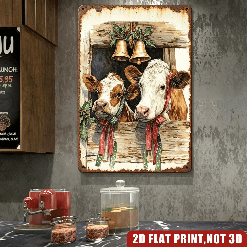 Rustic Christmas Wall Sign Pair of Cows at Barn Window Decorated with Golden Bells Holly Berries And Red Green Holiday Ribbon