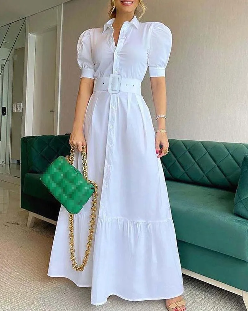 Party Belt Dresses For Women 2025 Spring Summer Fashion Elegant Stripe Print Short Sleeve Long Dress Lady High Waist Shirt Dress