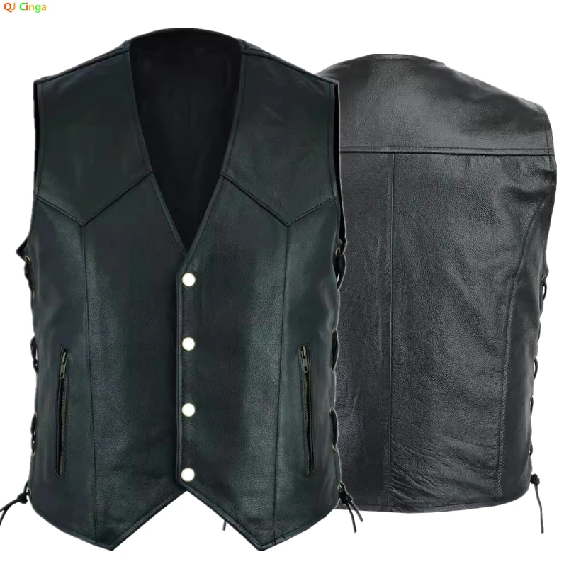 Black V-neck Men's Sleeveless Vest Single-breasted with Lace-up Trim on Both Sides Waistcoat S-XXXL