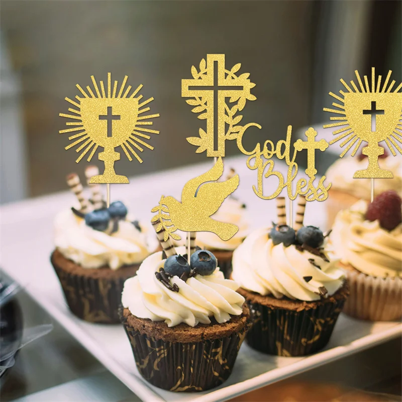 YOMDID 24 Stück Cupcake-Topper mit Kreuzmotiv, glitzernde Cupcake-Picks mit Klebepunkten für Taufe, Feier, Geburtstagskuchen, Dekoration – Detail 8