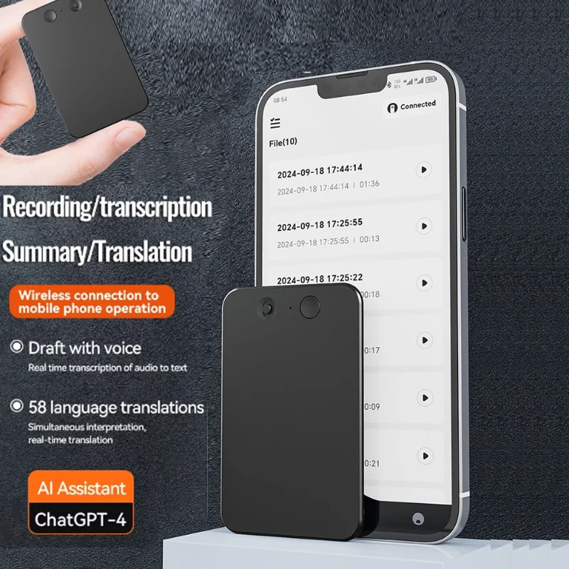 New8-128GB AI ChatGPT-4 Intelligent Voice Recorder Audio App Phone Call Record Transcribe Summarize 58LanguageTranslation Device