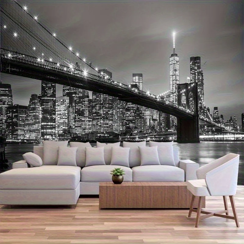 Brooklyn Bridge Night Tapestry, NYC Skyline Wall Hanging, Black White Cityscape Decor for Living Room Bedroom Dorm