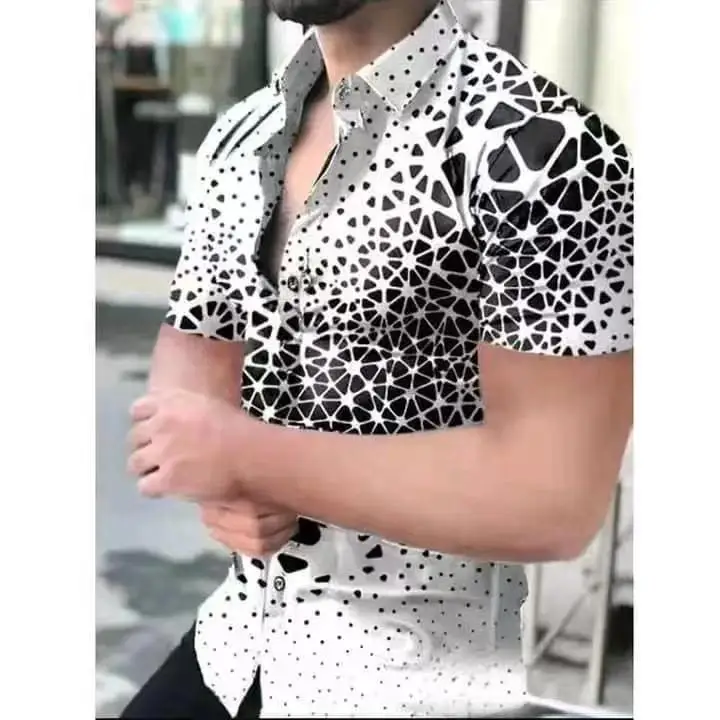 

Men's Fashion Geometric Pattern Short-sleeve Shirt Casual Collar Top Daily Versatile Breathable Summer New Style