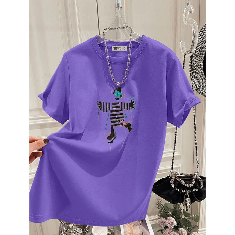 Women Clothing Chic Hand-Painted Cartoon Print Tshirt Summer Pure Cotton O-neck Short Sleeve Basic Top Tee Casual Loose Pullover