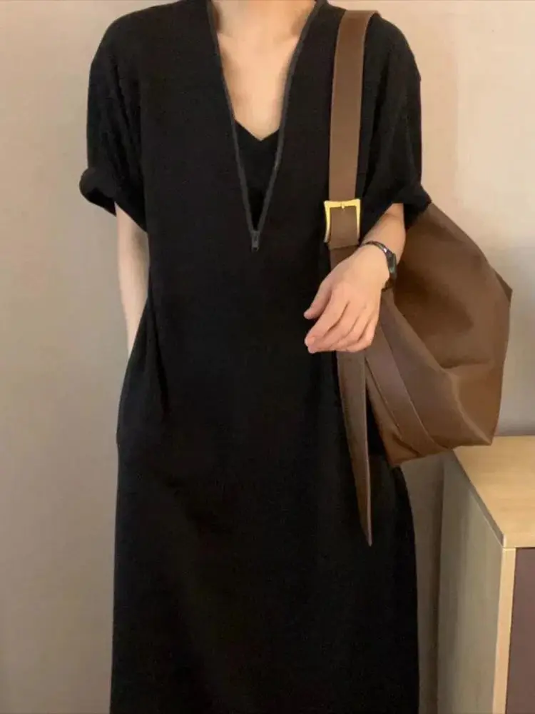 プラスサイズ 夏 カジュアル ハイウエスト Tシャツ ドレス レディース ゆったり 着痩せ お腹カバー ジッパー付き ロング丈 ドレス