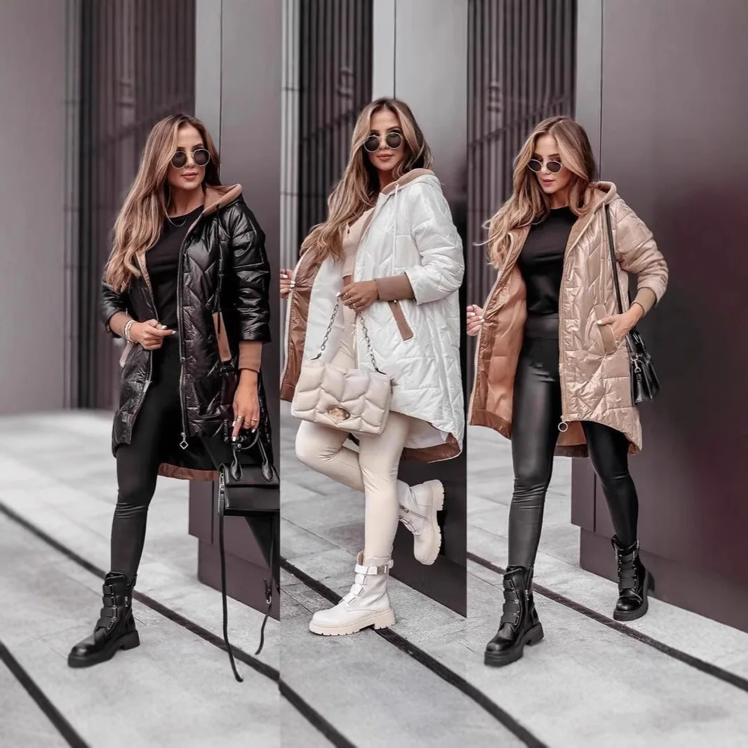 

Осень-зима 2025, новая модная свободная однотонная хлопковая куртка с капюшоном и длинными рукавами на молнии m, женское пальто