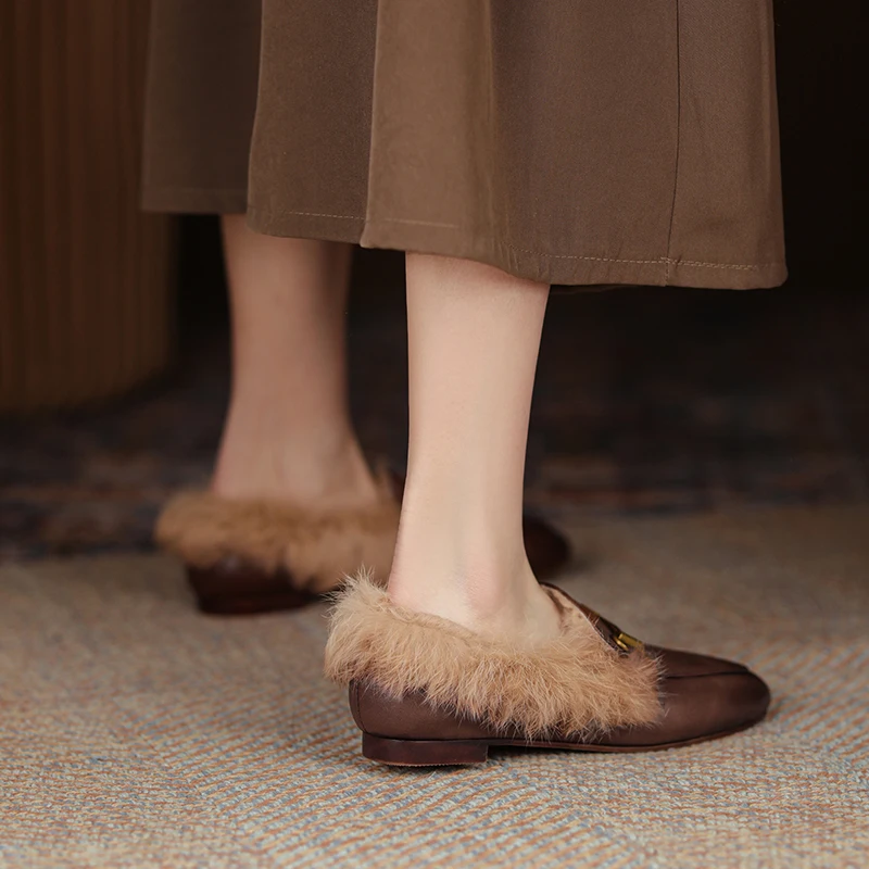 Women's Almond Toe Leather Fur-Lined Mules Gold-Tone Horsebit Low-Heel Flat Loafers Lamb Fur Insole Slip-On Clogs Winter Shoes