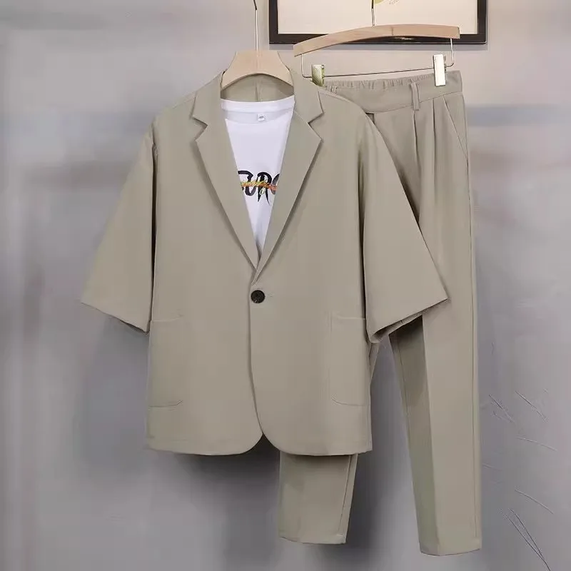 

Summer Casual Men Suit Short Sleeve Trendy Slim Fit Blazer Light Mature Style Suit Set