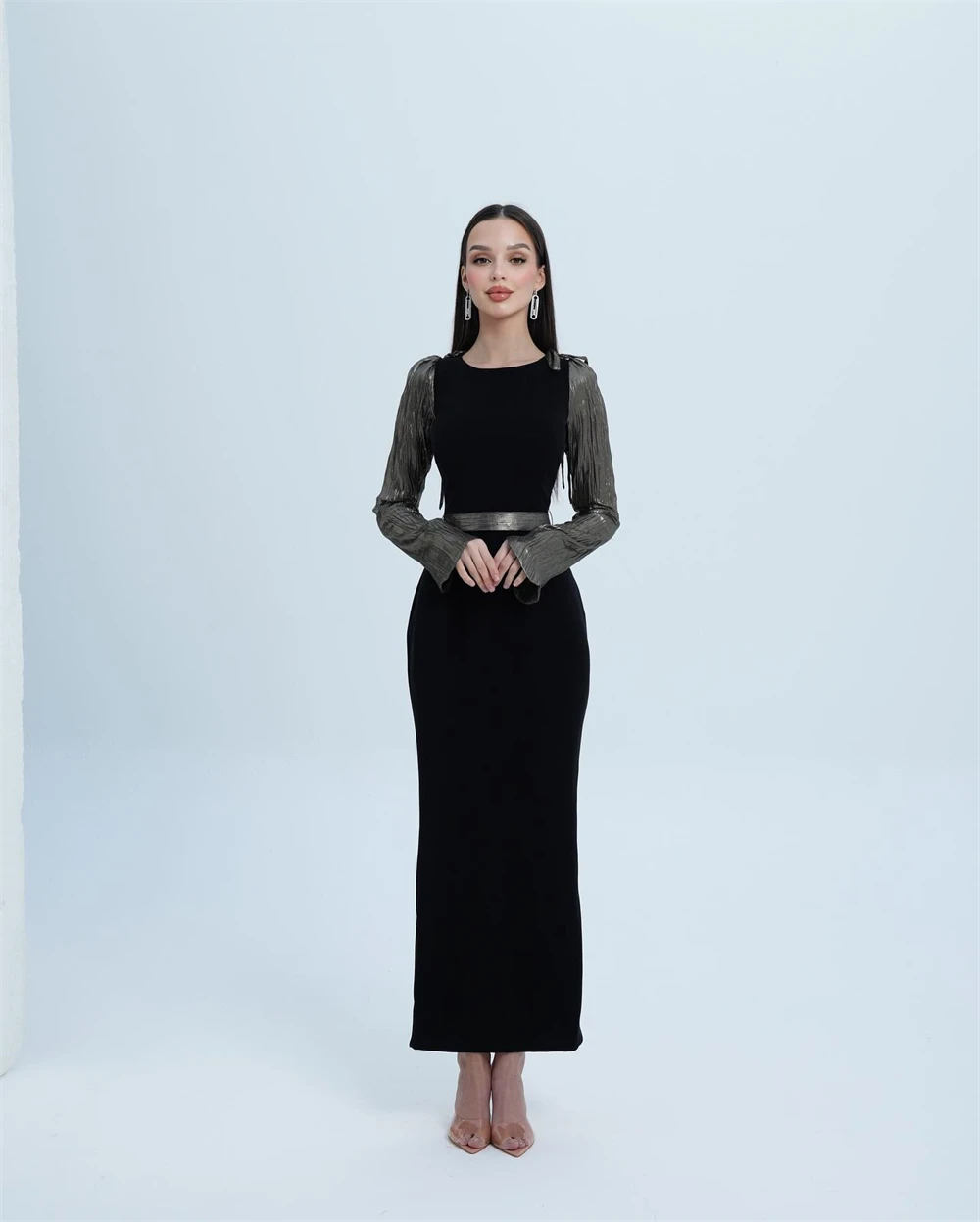 

Customized Delicate Black Jersey Evening Dress Modern Sashes Ruched Girdling Crew Neck Long Sleeves Bespoke Occasion Gowns