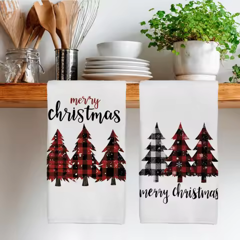 2PCS Christmas Grid Christmas Tree Kitchen Towels Dish Towel Dish Cloths Holiday for Kitchen Christmas Decoration 40x60cm