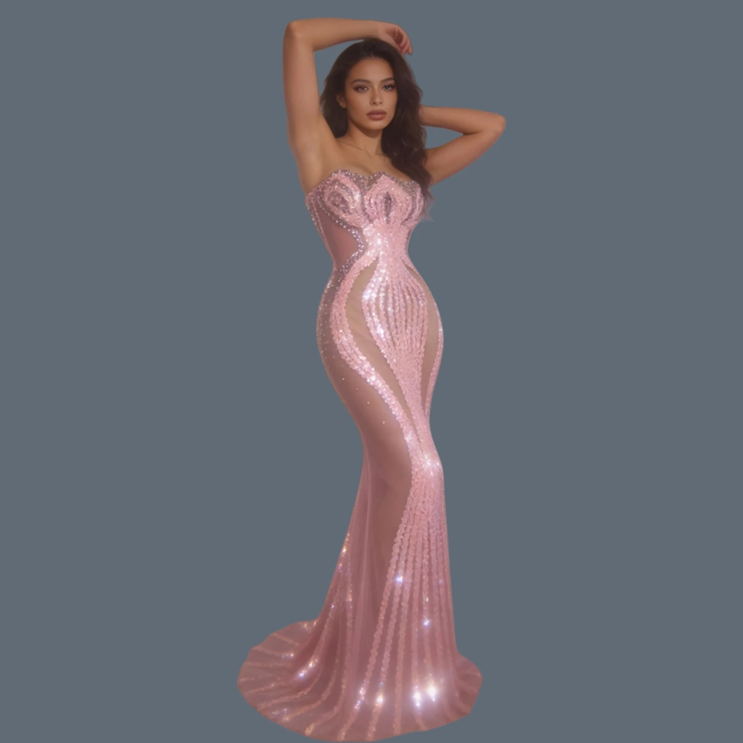 

Fashion Elegant Evening Gown Women Sexy Strapless Long Mermaid Dress Pink Sequins Slit for Gala Prom Red Carpet Outfit Lianhua