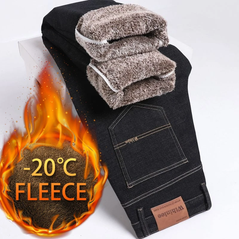 겨울 신상 패션 솔리드 컬러 두꺼운 플리스와 따뜻한 스트레이트 레그 진 남성용 캐주얼 루즈 스포츠 고급 진