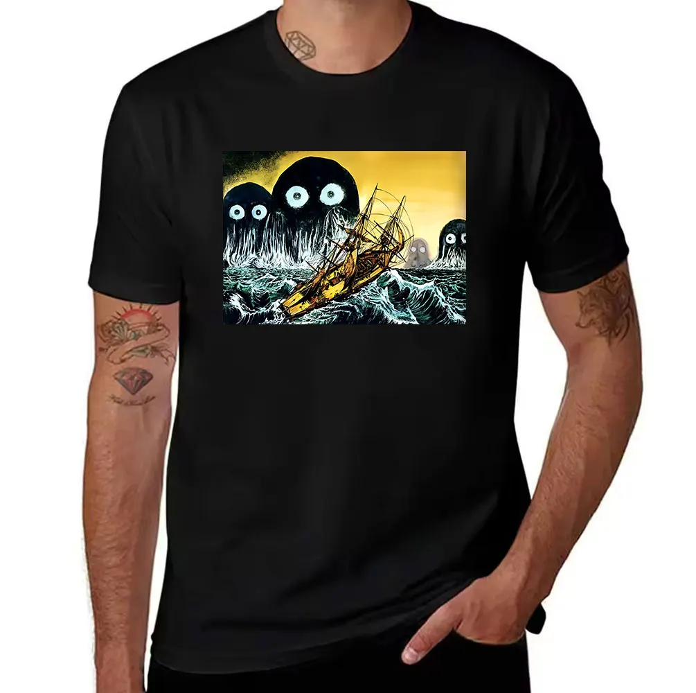 Men's Cotton T-Shirt Giant Sea Monster Print Vintage Sailing Ship Graphic Tee for Ocean Adventure Lovers