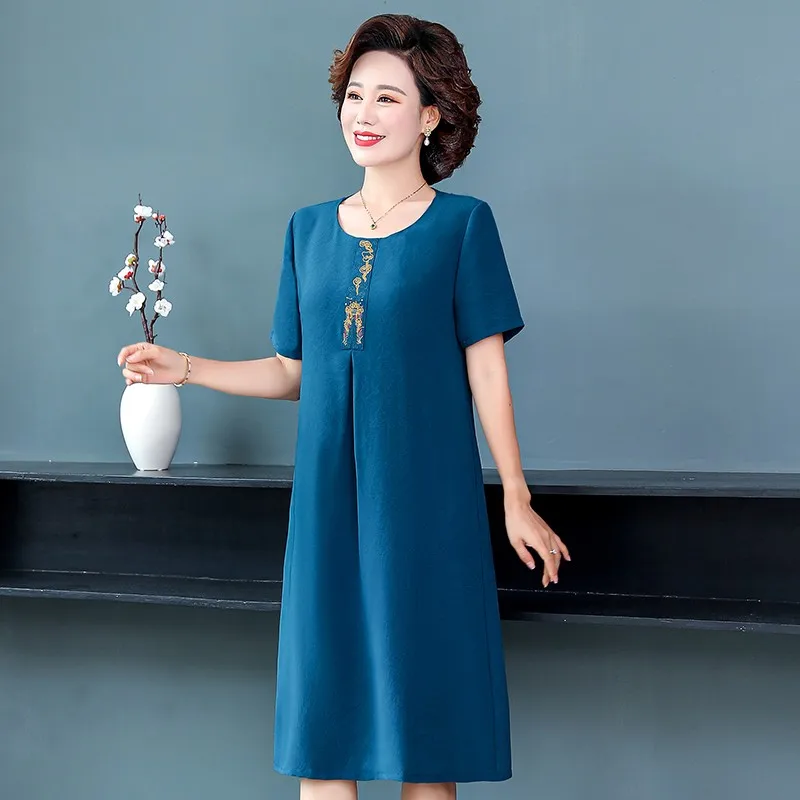 Summer middle-aged mother Vintage Midi Dress embroidery Casual Solid Loose lady Dress Elegant Bodycon Party Vestidos