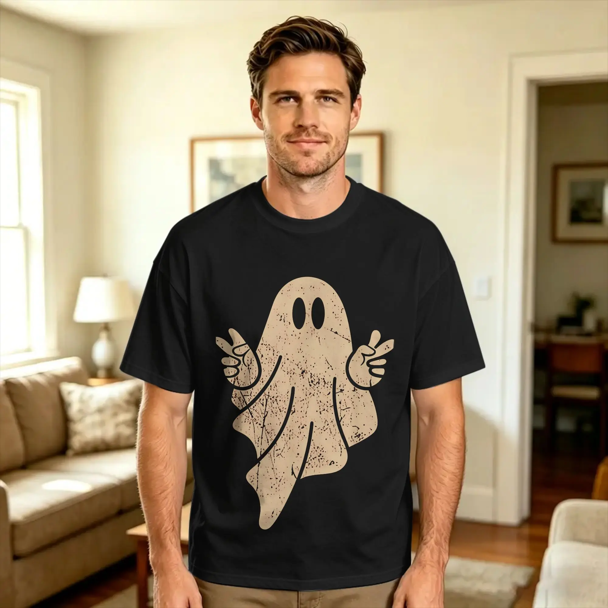 Cute Ghost Peace Sign Vintage Retro Grunge Halloween T Shirt Summer  Y2K Casual T-Shirts 100 Cotton Harajuku Tee Shirt For Men