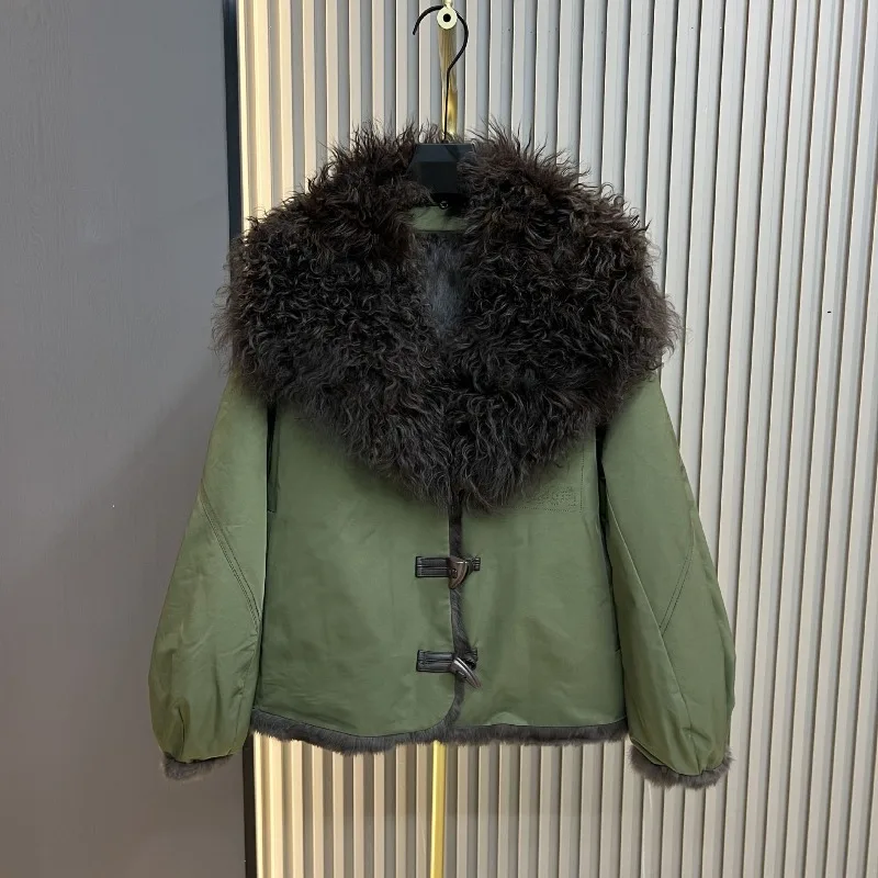 2025 Autumn Winter New Parkas Jacket Women's Rabbit Fur Lining Wool Collar Reversible Korean Style Casual Faux Fur Coat Female