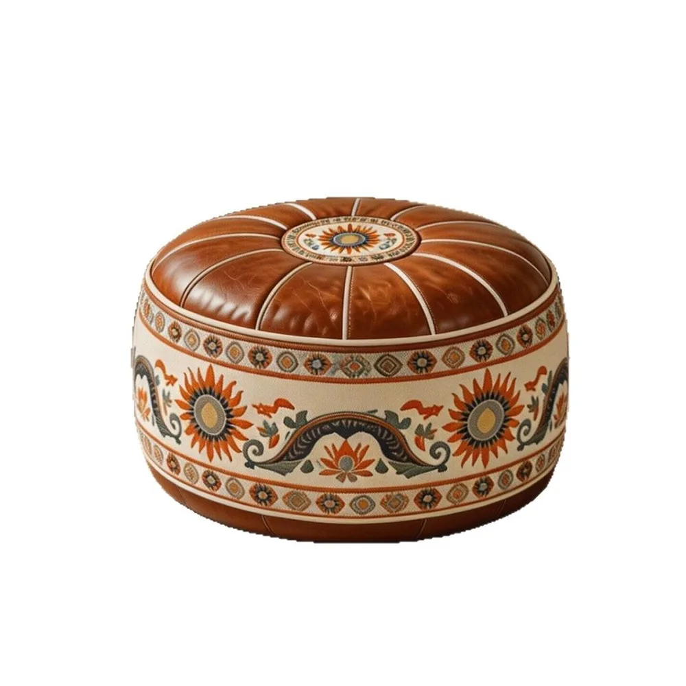PU Leather Round Ottoman Stool Fillable Vintage Style Storage Ottoman Pouf Geometric Bird Pattern Round Shape