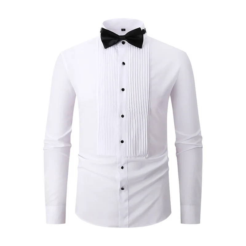 

2026 Men's Formal Pleated Front Shirt Long Sleeve Wedding Party Shirt