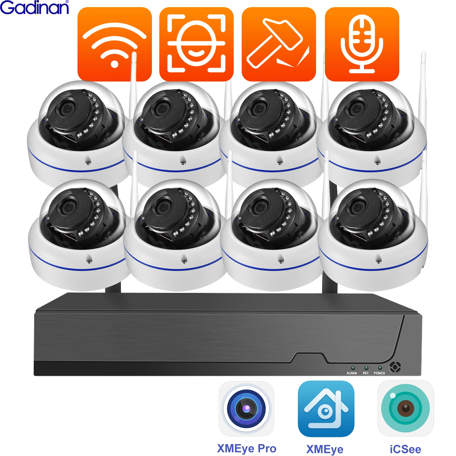 Gadinan Face Detection Wireless CCTV System NVR 3MP WiFi Camera Kit Audio Outdoor Security IP Cameras Video Surveillance Set