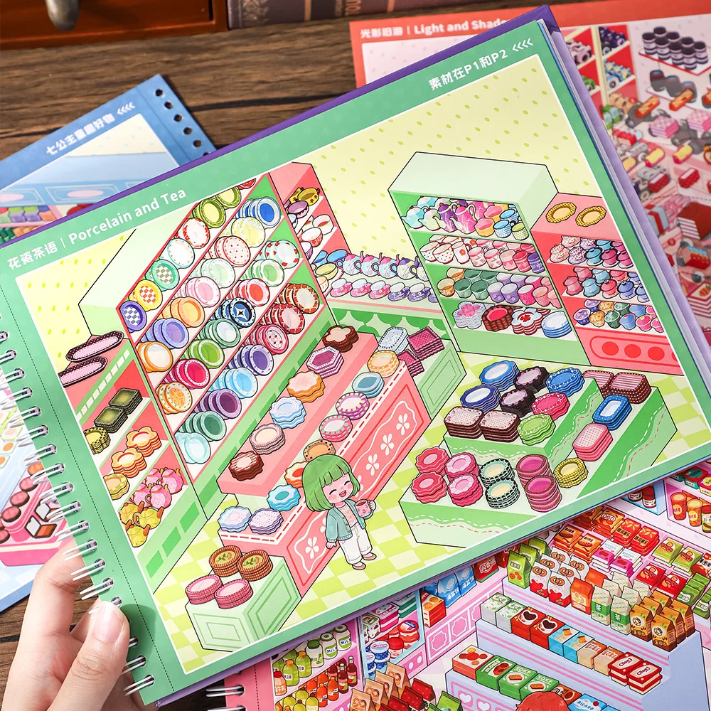 JCAC 29pcs/bag Kawaii Miniature Scene Sticker Book, 3D House Scene Building DIY Journal Stress Relief Stickers