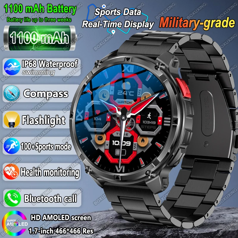 

2025 New 1100mAh Battery T-Rex 3 Outdoor Sports Smart Watch IP68 Waterproof Bluetooth Call AMOLED Men Compass Sports Smart Watch