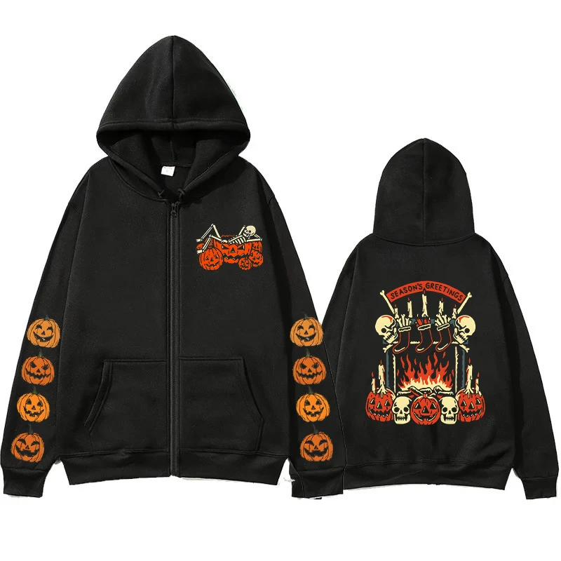 Esqueleto de abóbora bebendo café feminino zip hoodies moletom esqueleto amante do café moletom de halloween crânio abóbora hoodies