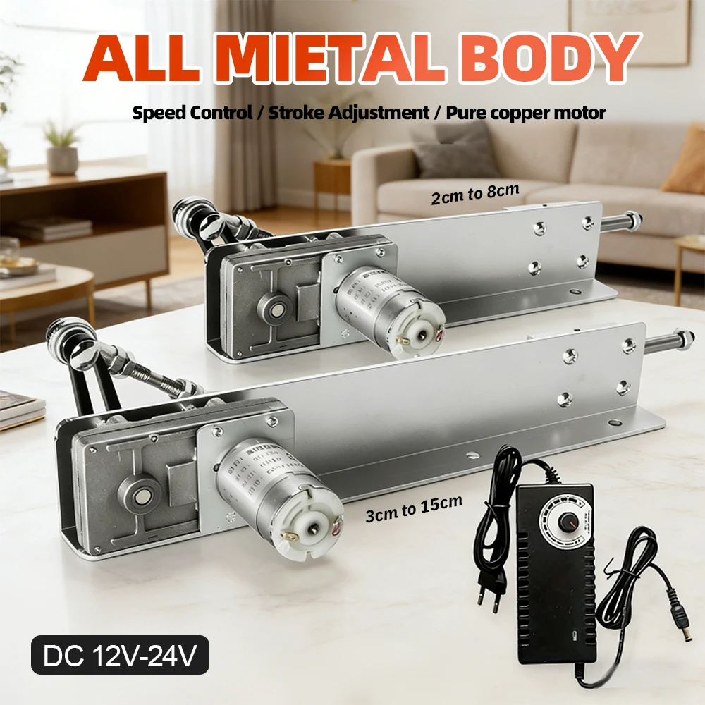 12V/24V DC Linear Reciprocating Motor Adjustable Stroke with Power Supply Telescopic Push Pull Actuator for DIY Automation