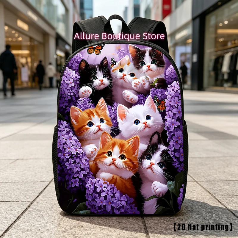Cute Kittens Among Lilacs, Casual Backpack, Travel Laptop Backpack, 2D Flat Printing, Rucksack with Ample Capacity - Suitable fo