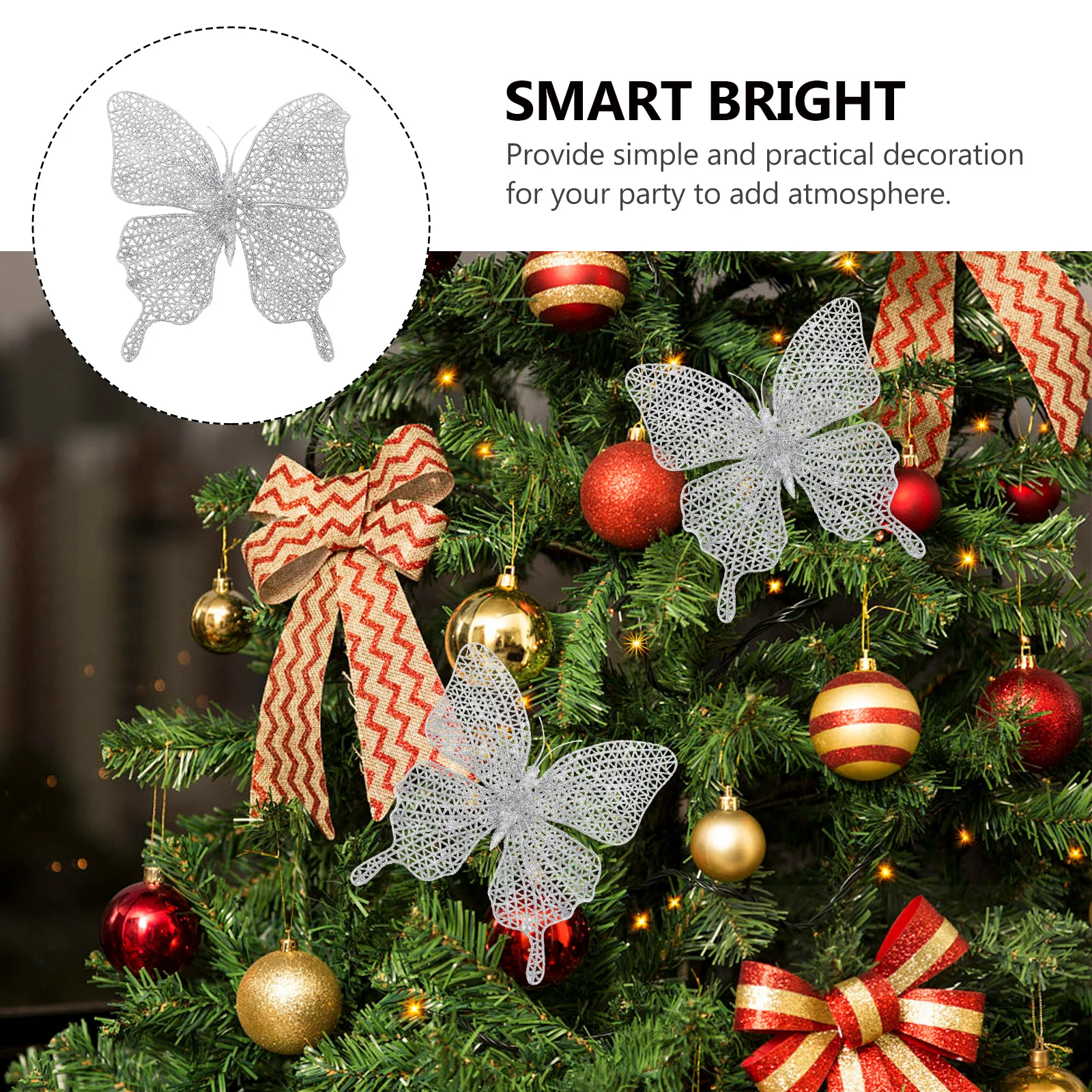 

6Pcs Glitter Powder Christmas Butterflies Hollow-Out for DIY Xmas Wreath Tree Decorations Christmas Butterflies