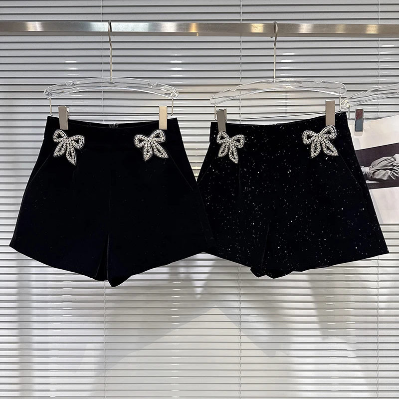 2025 Autumn Winter New French Style Socialite Water Diamond Bow Decoration Women Temperament Versatile Velvet Shorts