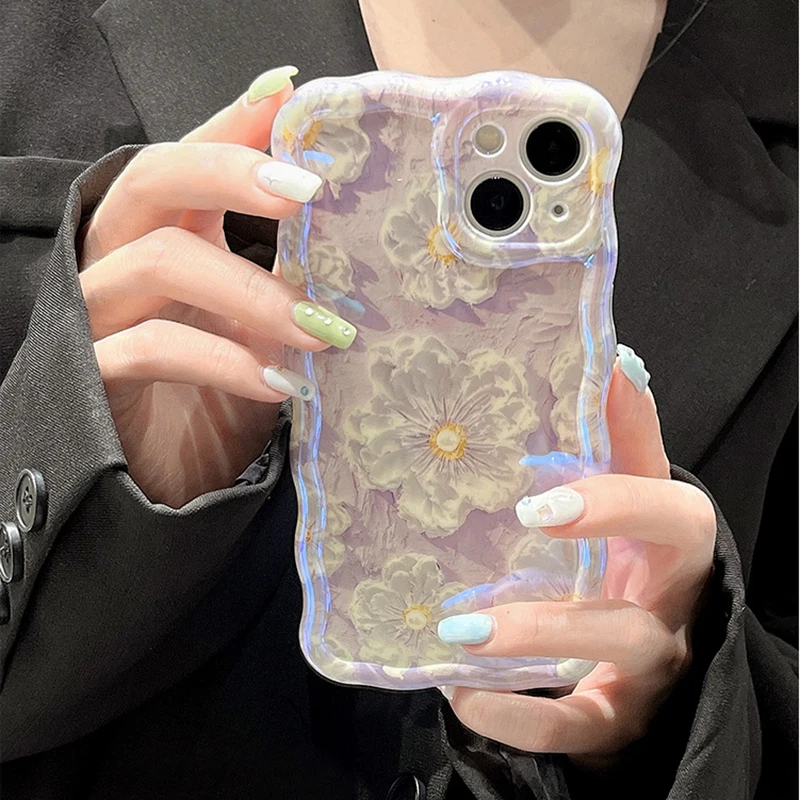 Retro Oil Painting Flowers Wavy Bumper Phone Case For iPhone 15 Pro 14 13 12 11 Pro Max Curl Wave Blue Ray Floral IMD Soft Cover