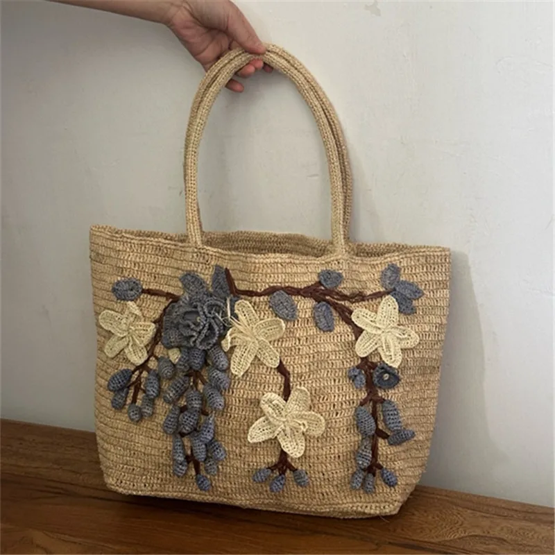 New Handmade Raffia 3d Rose Handbag Hand-woven Hook Beach Bags for Women Shoulder Bag Travel Woven Rattan Bags Tote