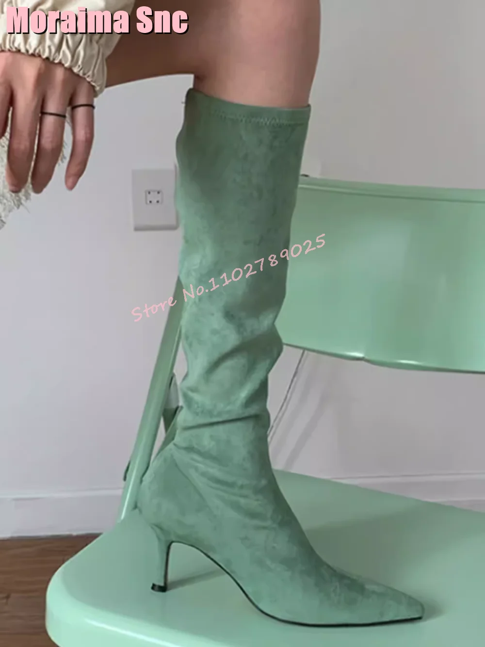 

Green Suede Leather Pointed Toe Knee High Boots Slip On Stiletto High Heel Solid Women Autumn Winter Long Boots Concise Style