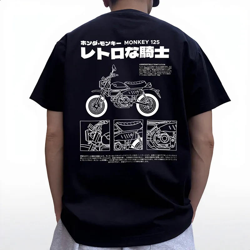 Monkey125 Retro Motorcycle Style Heavyweight Cotton Printed Round-neck Short-sleeved T-shirt American Street Style Male Fashion