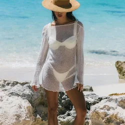 BLACK SWEET New Women Knitted Beach Cover Ups Transparent Sexy Big Backless Holiday Beach Dress Long Sleeves Mesh Mini Dress