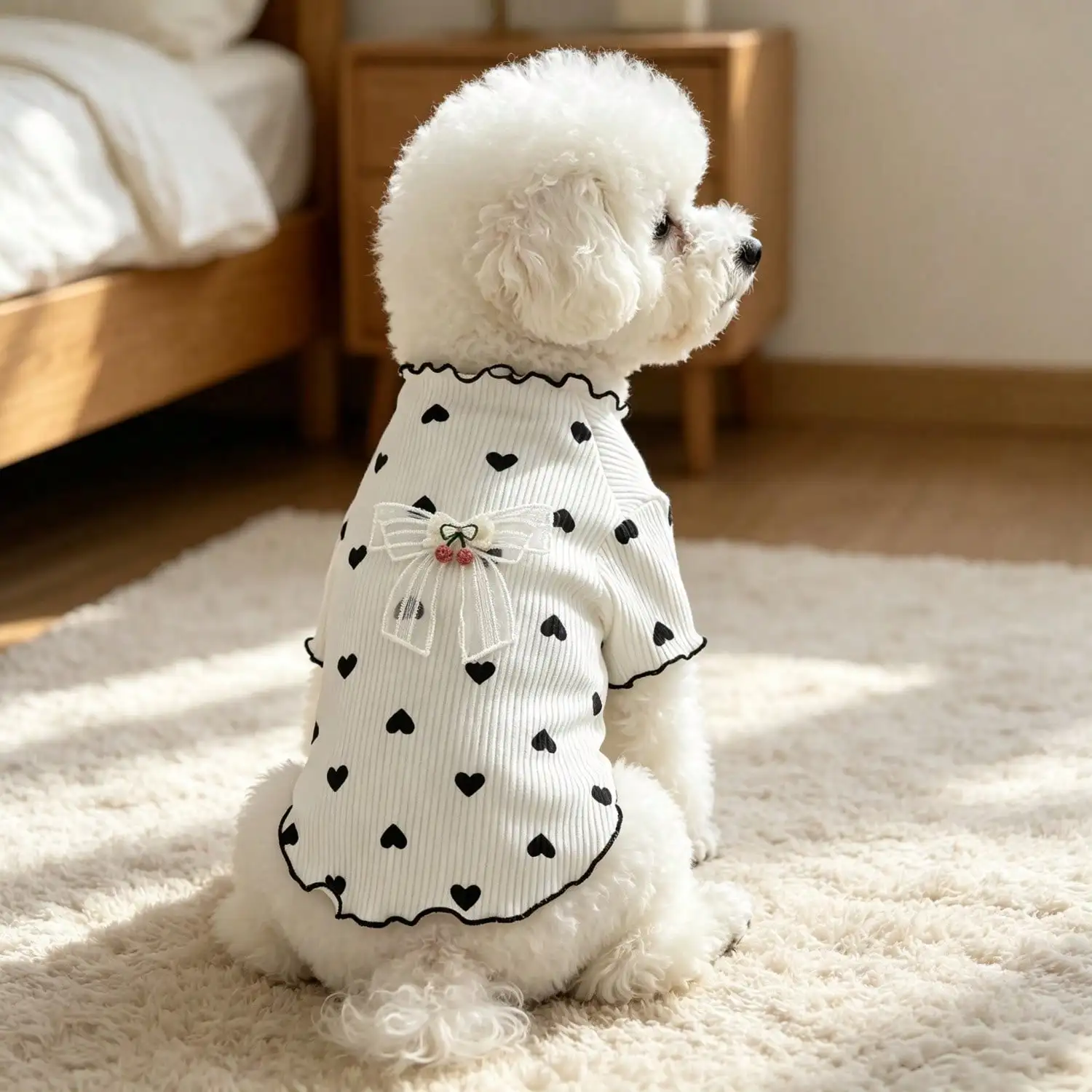 1 Stück Haustier-Hundetop mit Herz-Print, Rüschenbesatz, niedlicher Netzschleife und Kirschdekoration, Pullover-Shirt, weiche Strickkleidung – Detail 17