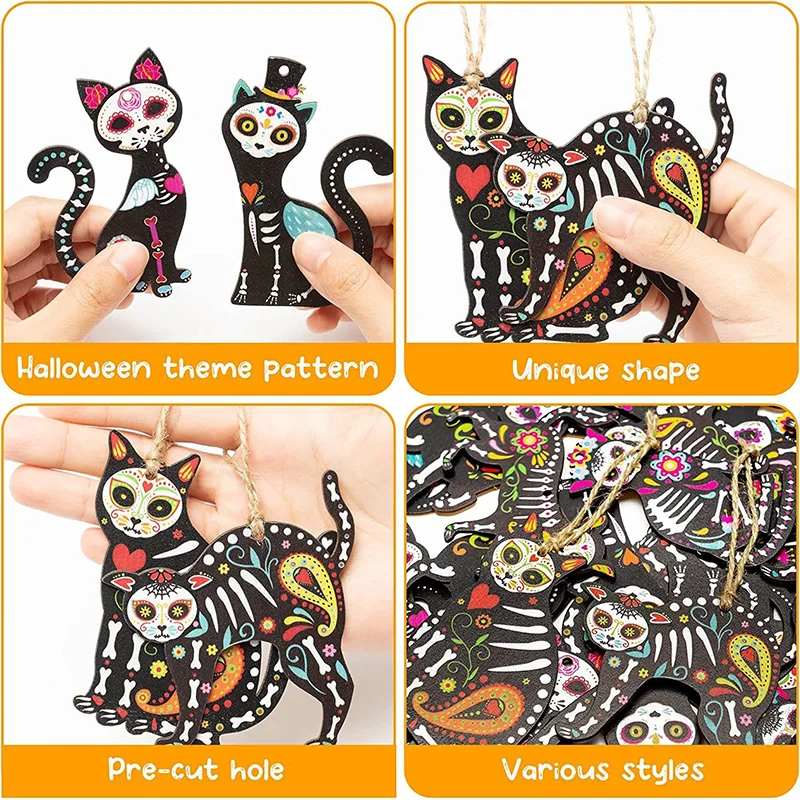 New Cat Skull Wood Halloween Decorations Mexico Carnival Wooden Gifts Day Of The Dead Decorations