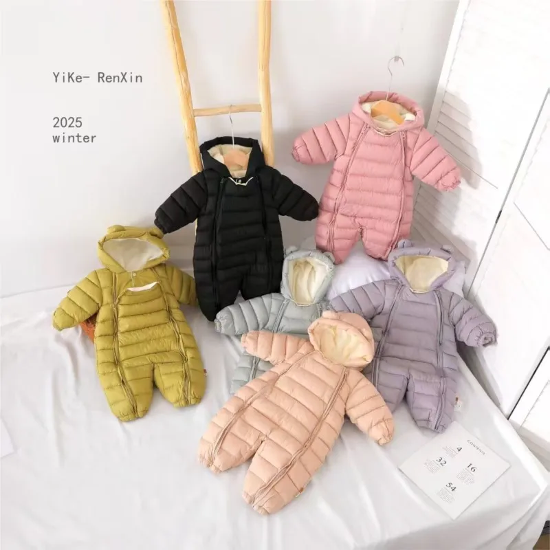 

Winter Velvet Snowsuits For Newborn Girls Cotton Padded Hooded Thicken Kids Girls Jumpsuits Solid Zipper Warm Baby Girls Onesies