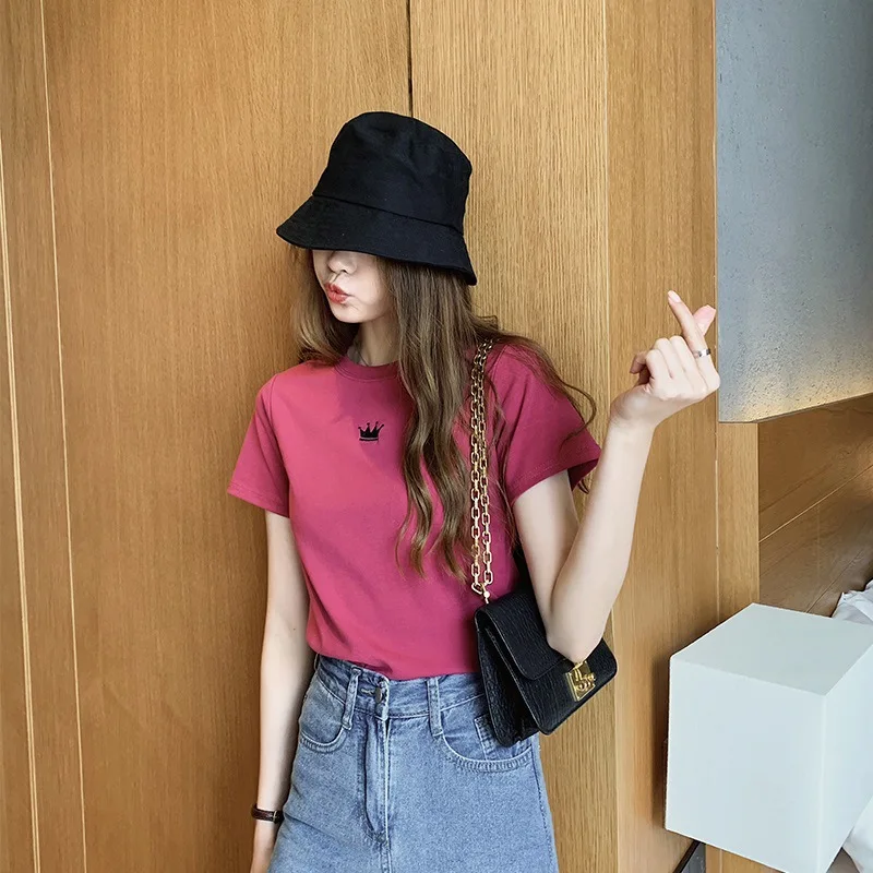 Women T Shirt 2024 Summer New slim-fit Embroidered Round Neck short-sleeved T-shirt Student Base Tshirt women's Clothing WYP919