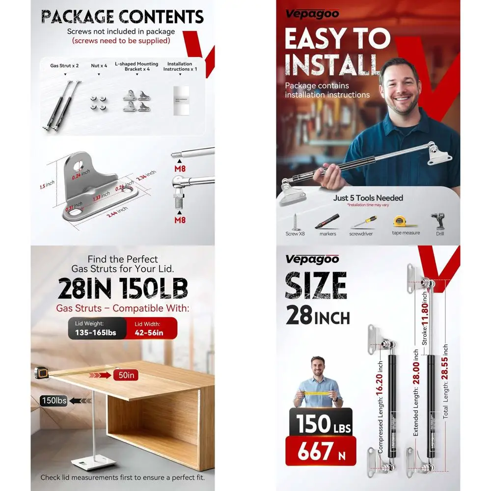 

Pair of Heavy-Duty 28 Gas Struts for RV, Truck Bed, and Storage Lids (Supports 135-165 lbs)