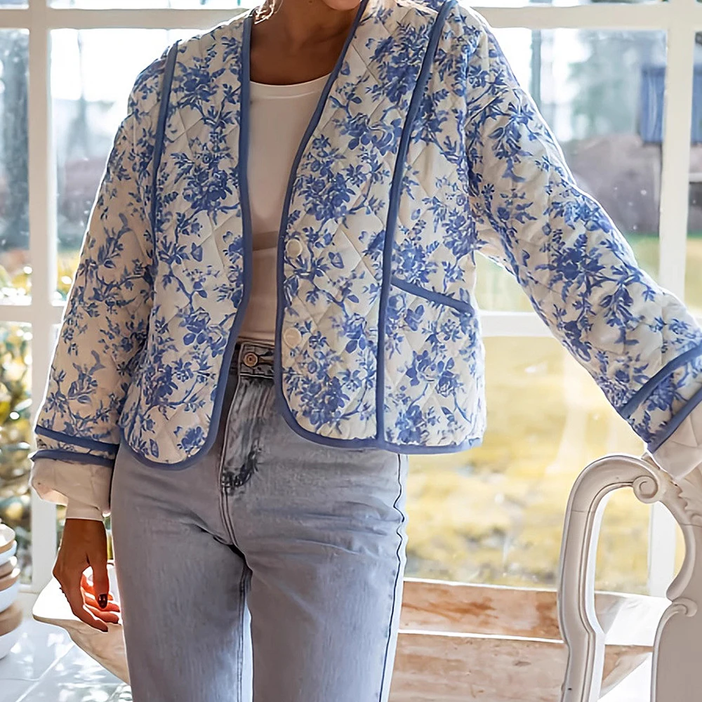 เสื้อแจ็คเก็ตผ้าฝ้ายทรงหลวมแฟชั่นสตรีแขนยาวน้ำหนักเบาเปิดด้านหน้าพิมพ์ลายหรูหรา