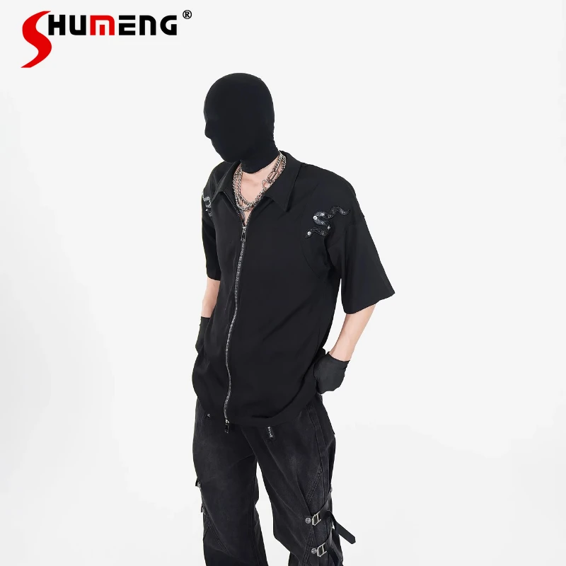 2025 Summer New Men's Snake Pattern Tops Male Handsome Metal Rivet Short-sleeve Shirts Niche Design Double Zipper Lapel Shirts